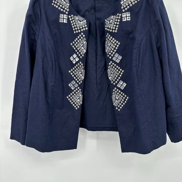 CHICOS jacket blazer linen cotton embellished studded rhinestones blue M L 2 - Picture 3 of 8